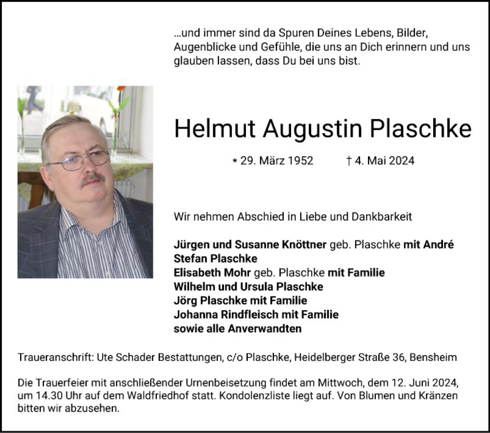  Traueranzeige für Helmut Augustin Plaschke vom 01.06.2024 aus Bergsträßer Anzeiger