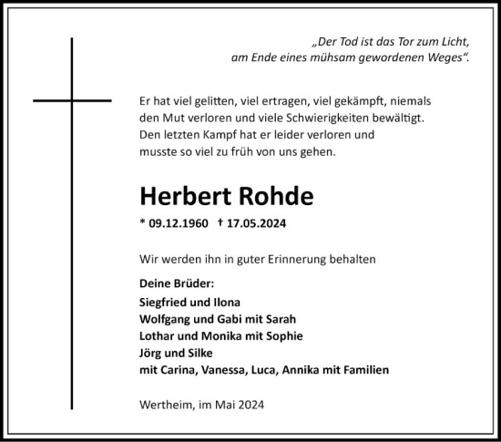 Traueranzeige von Herbert Rohde von Fränkische Nachrichten