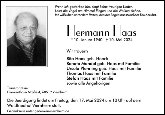Traueranzeige von Hermann Haas von Mannheimer Morgen