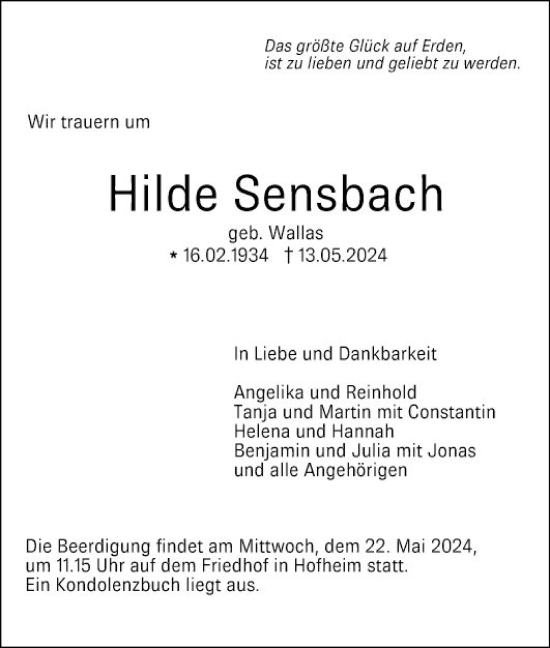 Traueranzeige von Hilde Sensbach von Mannheimer Morgen