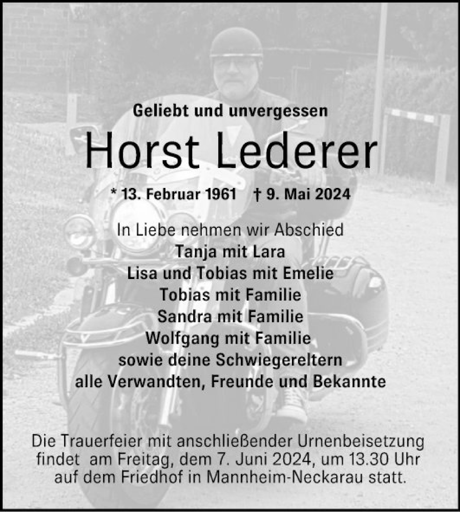  Traueranzeige für Horst Lederer vom 25.05.2024 aus Mannheimer Morgen