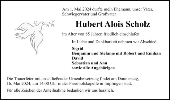 Traueranzeige von Hubert Alois Scholz von Fränkische Nachrichten