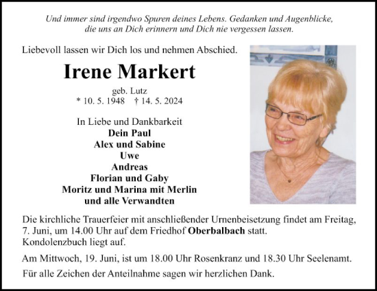 Traueranzeige von Irene Markert von Fränkische Nachrichten