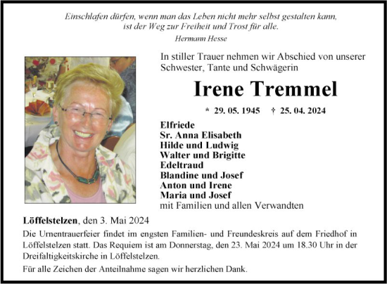 Traueranzeige von Irene Tremmel von Fränkische Nachrichten