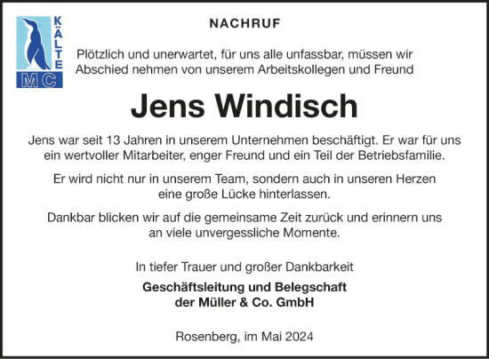 Traueranzeige von Jens Windisch von Fränkische Nachrichten