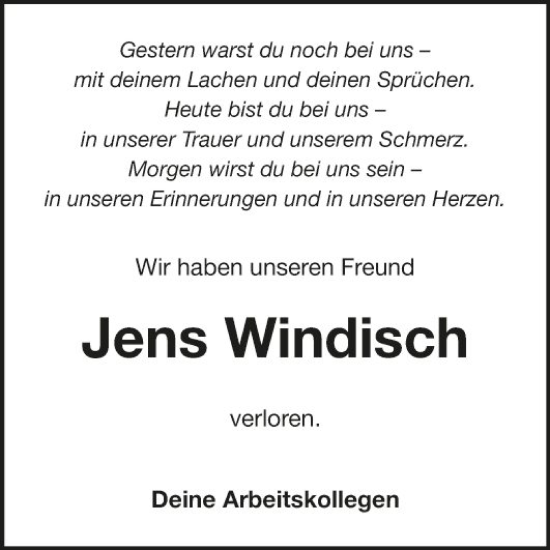 Traueranzeige von Jens Windisch von Fränkische Nachrichten