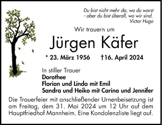Traueranzeige von Jürgen Käfer von Mannheimer Morgen