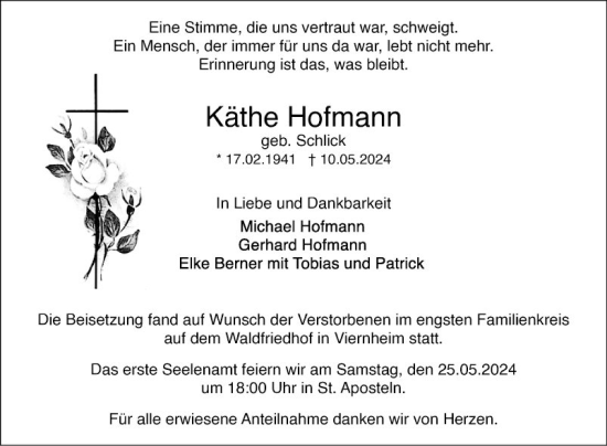 Traueranzeige von Käthe Hofmann von Mannheimer Morgen