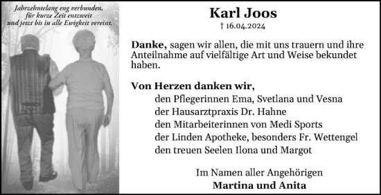 Traueranzeige von Karl Joos von Schwetzinger Zeitung