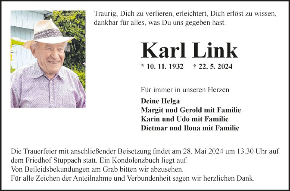  Traueranzeige für Karl Link vom 25.05.2024 aus Fränkische Nachrichten