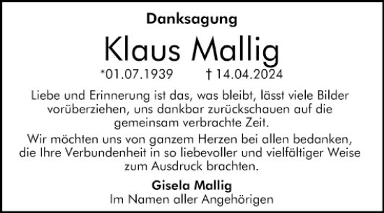 Traueranzeige von Klaus Mallig von Bergsträßer Anzeiger