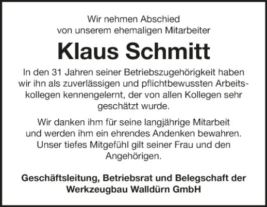 Traueranzeige von Klaus Schmitt von Fränkische Nachrichten
