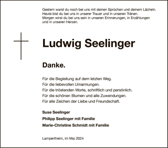 Traueranzeige von Ludwig Seelinger von Mannheimer Morgen