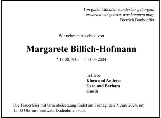 Traueranzeige von Margarete Billich-Hofmann von Schwetzinger Zeitung