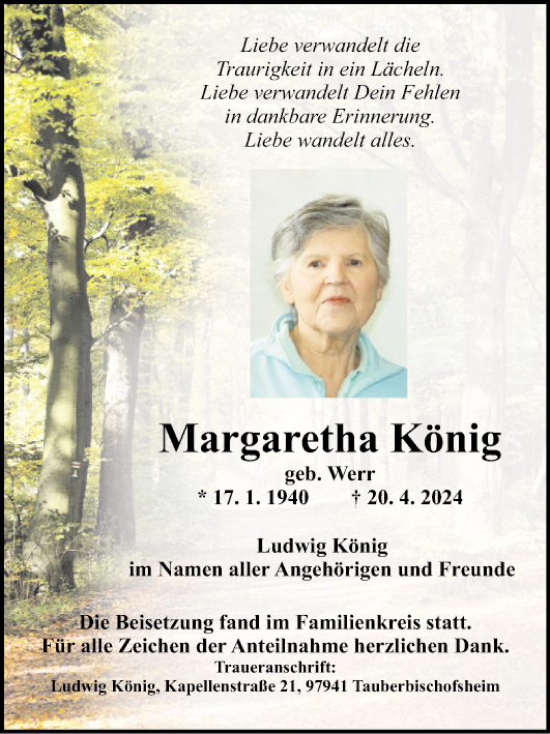 Traueranzeige von Margaretha König von Fränkische Nachrichten