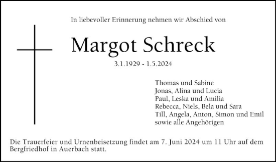 Traueranzeige von Margot Schreck von Bergsträßer Anzeiger
