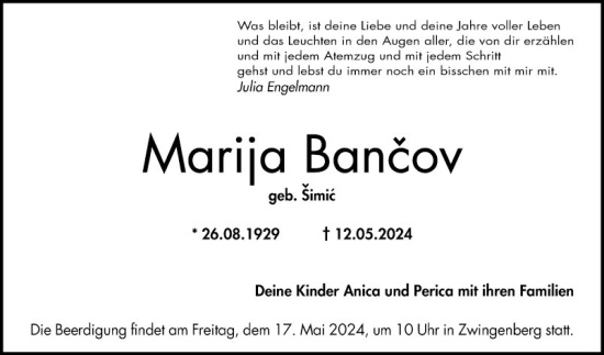 Traueranzeige von Marija Bancov von Bergsträßer Anzeiger