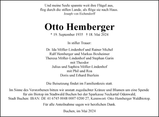 Traueranzeige von Otto Hemberger von Fränkische Nachrichten