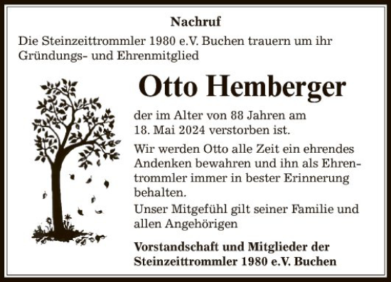 Traueranzeige von Otto Hemberger von Fränkische Nachrichten