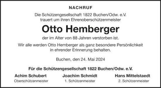 Traueranzeige von Otto Hemberger von Fränkische Nachrichten