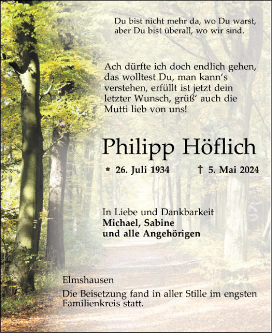Traueranzeige von Philipp Höflich von Bergsträßer Anzeiger