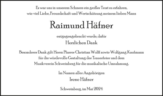 Traueranzeige von Raimund Häfner von Fränkische Nachrichten