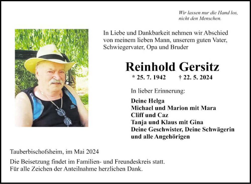  Traueranzeige für Reinhold Gersitz vom 25.05.2024 aus Fränkische Nachrichten