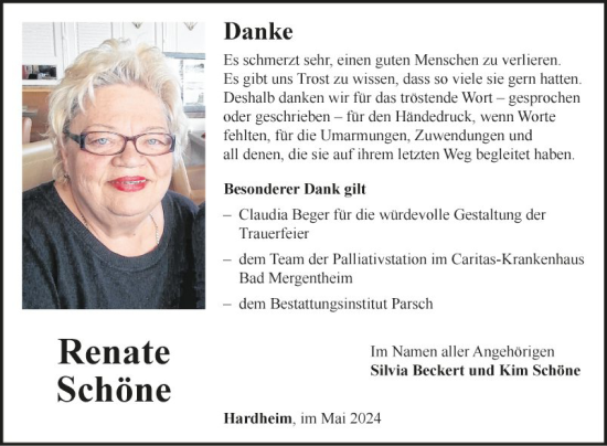 Traueranzeige von Renate Schöne von Fränkische Nachrichten