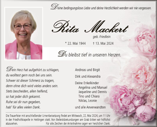 Traueranzeige von Rita Mackert von Fränkische Nachrichten