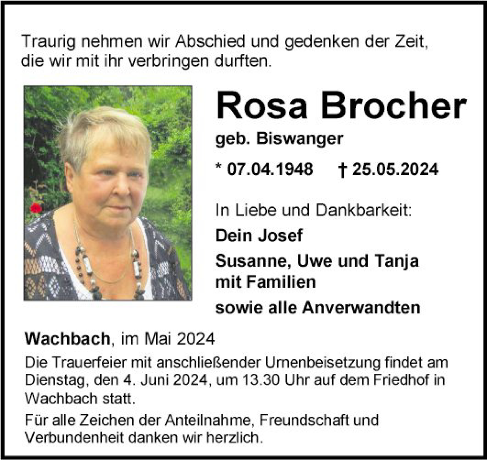  Traueranzeige für Rosa Brocher vom 31.05.2024 aus Fränkische Nachrichten