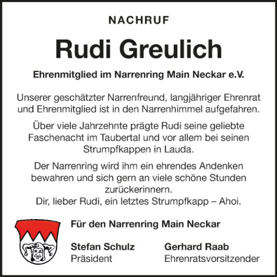 Traueranzeige von Rudi Greulich von Fränkische Nachrichten