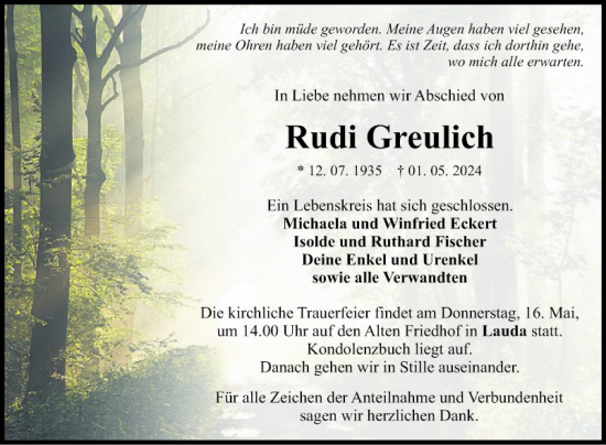 Traueranzeige von Rudi Greulich von Fränkische Nachrichten