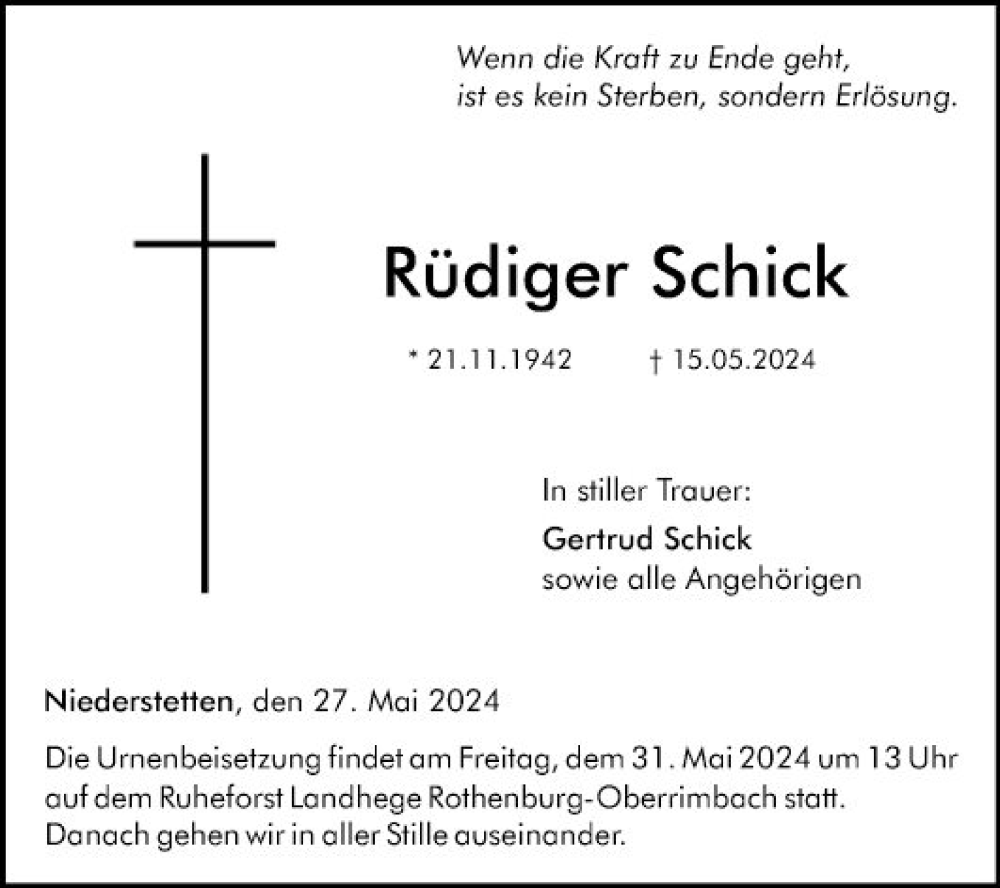  Traueranzeige für Rüdiger Schick vom 27.05.2024 aus Fränkische Nachrichten