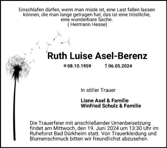 Traueranzeige von Ruth Luise Asel-Berenz von Mannheimer Morgen