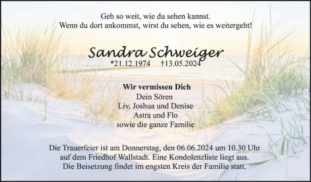  Traueranzeige für Sandra Schweiger vom 25.05.2024 aus Mannheimer Morgen