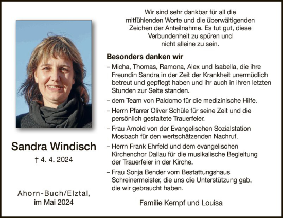 Traueranzeige von Sandra Windisch von Fränkische Nachrichten