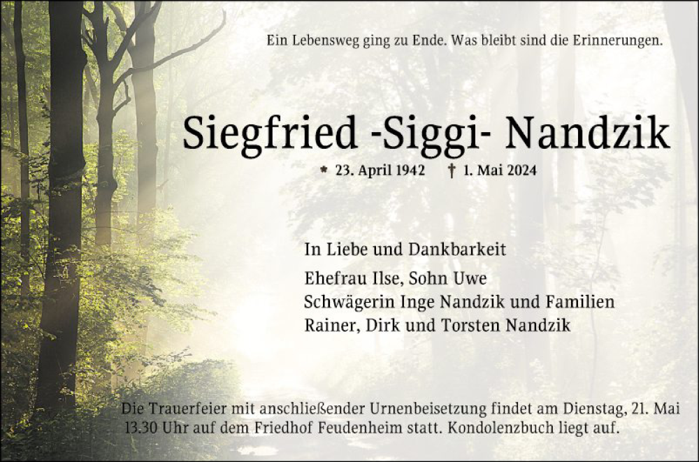  Traueranzeige für Siegfried Nandzik vom 11.05.2024 aus Mannheimer Morgen