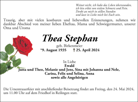 Traueranzeige von Thea Stephan von Schwetzinger Zeitung