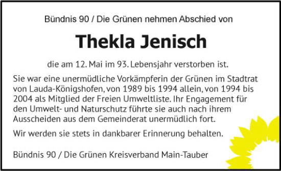 Traueranzeige von Thekla Jenisch von Fränkische Nachrichten