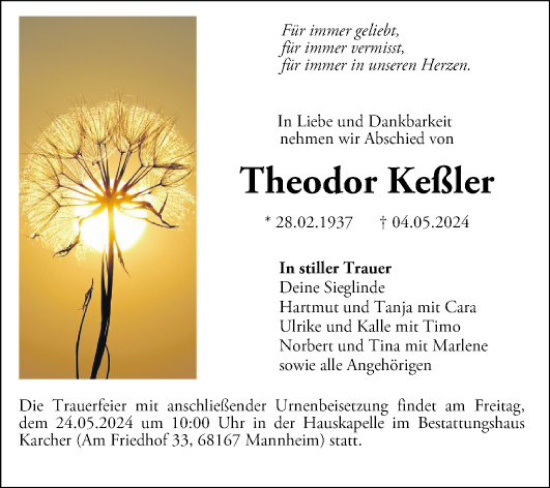 Traueranzeige von Theodor Keßler von Mannheimer Morgen