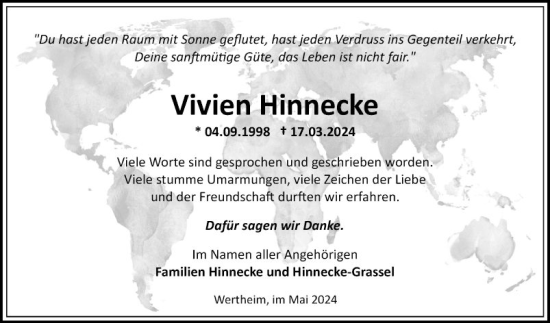 Traueranzeige von Vivien Hinnecke von Fränkische Nachrichten