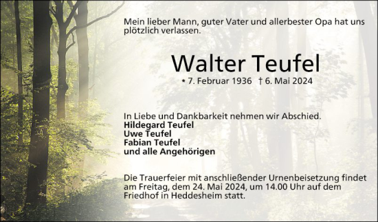 Traueranzeige von Walter Teufel von Mannheimer Morgen