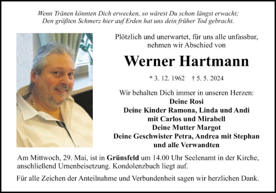 Traueranzeige von Werner Hartmann von Fränkische Nachrichten