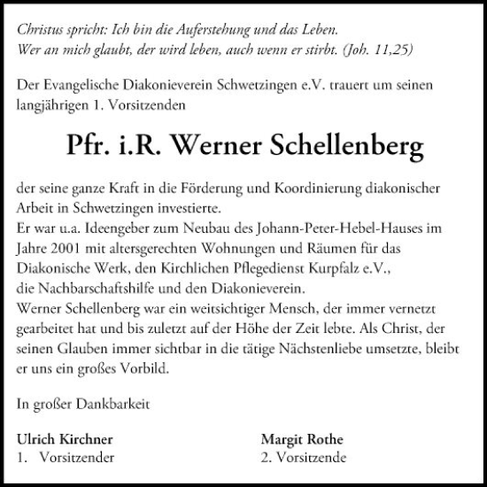 Traueranzeige von Werner Schellenberg von Schwetzinger Zeitung