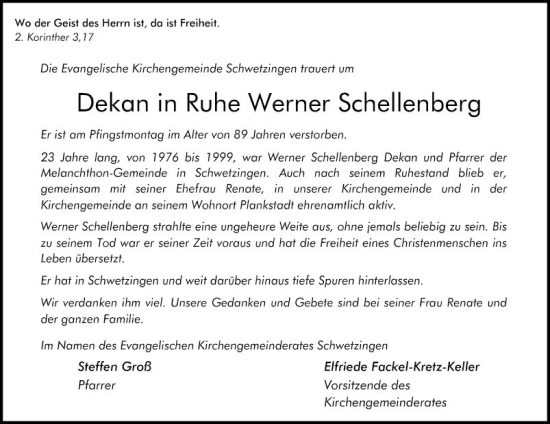 Traueranzeige von Werner Schellenberg von Schwetzinger Zeitung