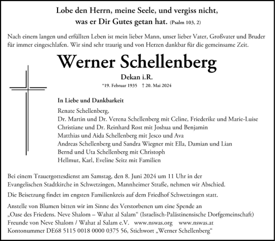 Traueranzeige von Werner Schellenberg von Schwetzinger Zeitung