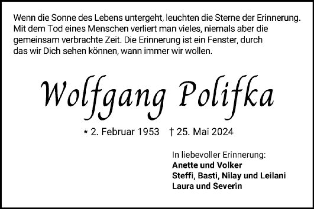  Traueranzeige für Wolfgang Polifka vom 01.06.2024 aus Schwetzinger Zeitung