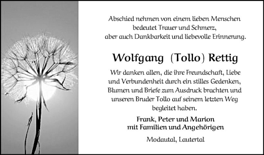  Traueranzeige für Wolfgang Rettig vom 11.05.2024 aus Bergsträßer Anzeiger