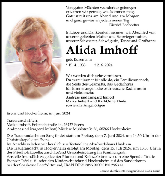 Traueranzeige von Alida Imhoff von Schwetzinger Zeitung