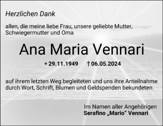 Traueranzeige von Ana Maria Vennari von Schwetzinger Zeitung